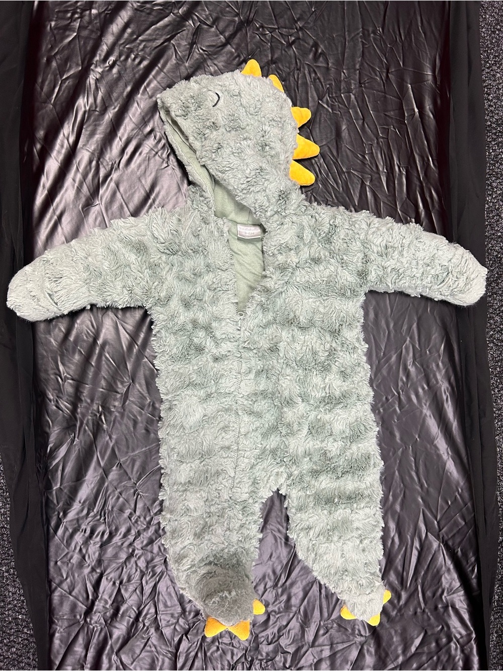 Kids' Cozy Dino Hooded Puffer One-Piece - Light Green with Yellow Spikes